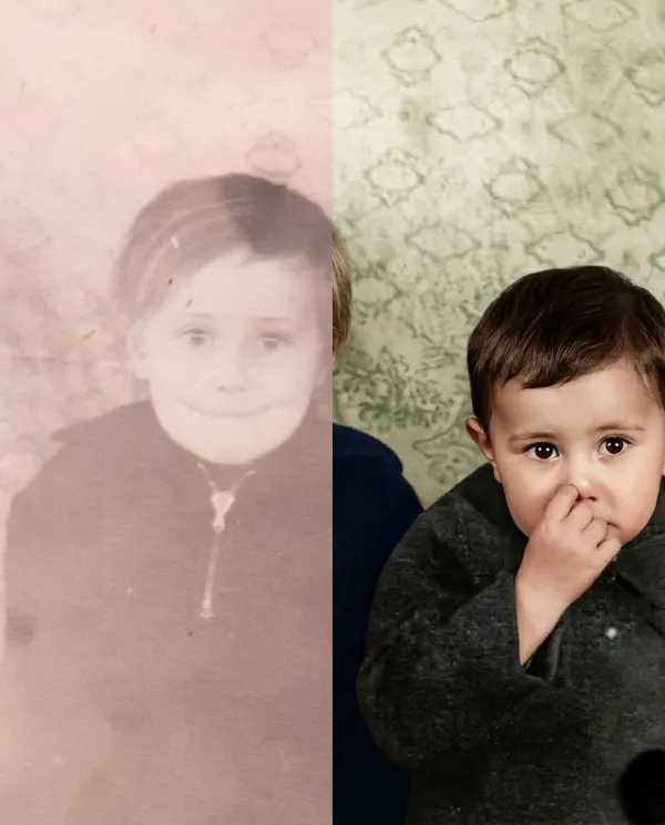 Before-and-after AI photo restoration sample (model V6)