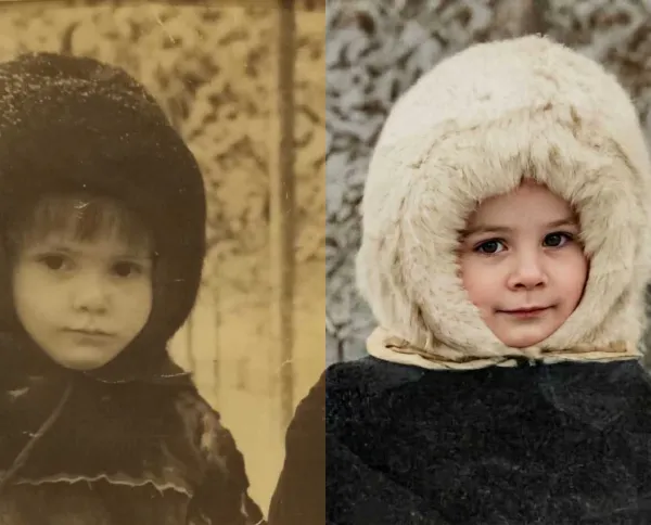 Before-and-after AI photo restoration sample (model V6)
