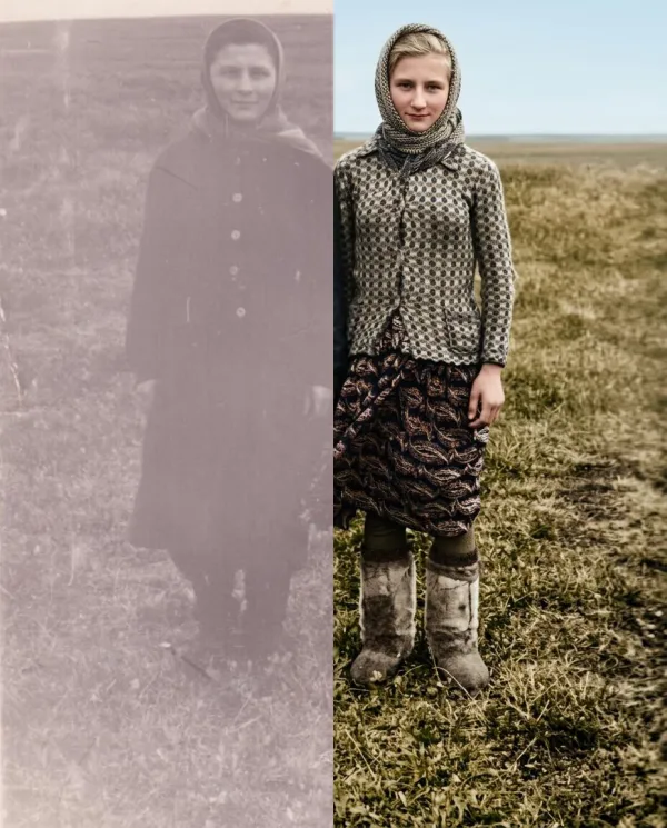 Before-and-after AI photo restoration sample (model V6)