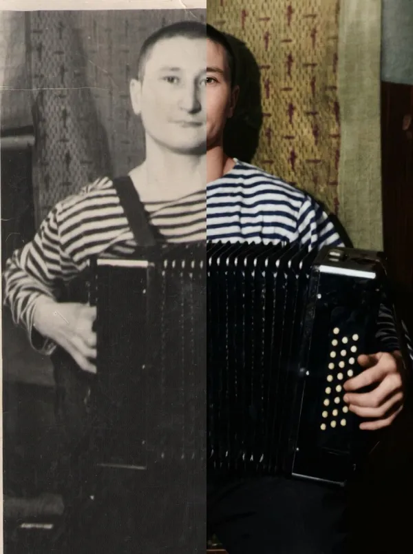 Before-and-after AI photo restoration sample (model V6)