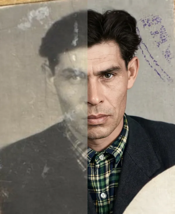 Before-and-after AI photo restoration sample (model V6)