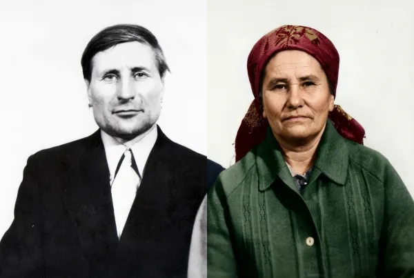 Before-and-after AI photo restoration sample (model V6)
