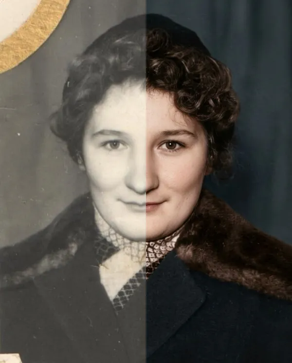 Before-and-after AI photo restoration sample (model V6)