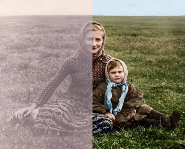 Before-and-after AI photo restoration sample (model V6)