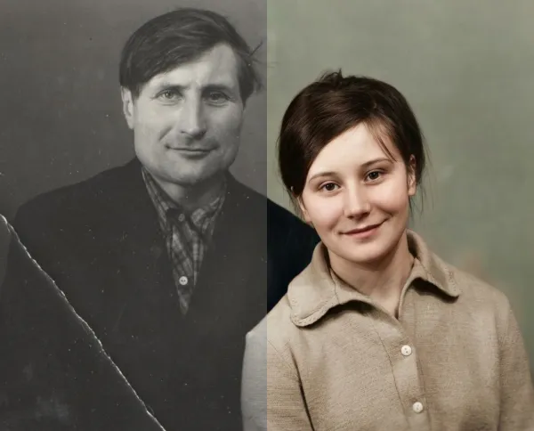 Before-and-after AI photo restoration sample (model V6)