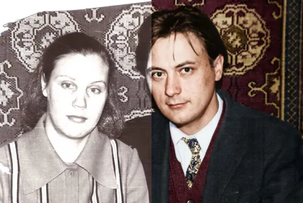 Before-and-after AI photo restoration sample (model V6)