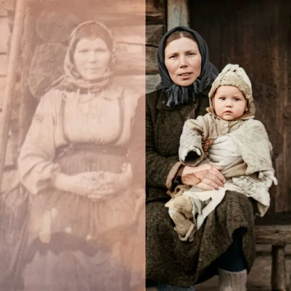 Before-and-after AI photo restoration sample (model V6)