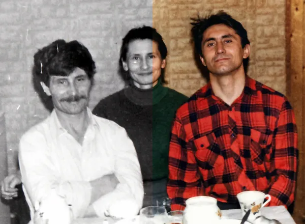 Before-and-after AI photo restoration sample (model V7)