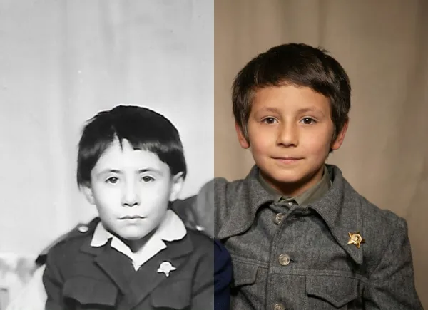 Before-and-after AI photo restoration sample (model V7)