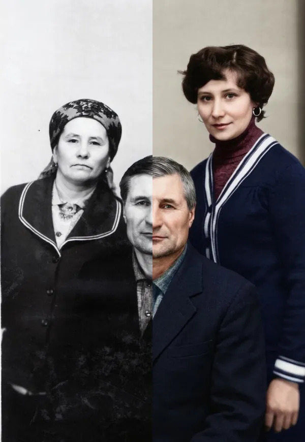 Before-and-after AI photo restoration sample (model V6)