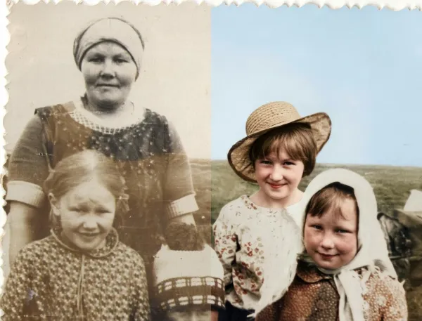 Before-and-after AI photo restoration sample (model V6)