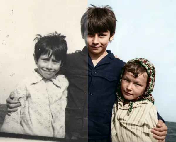 Before-and-after AI photo restoration sample (model V6)