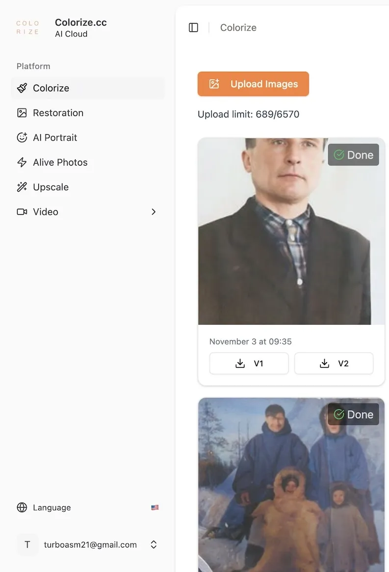 Colorize.cc dashboard — manage AI photo restoration and colorization jobs