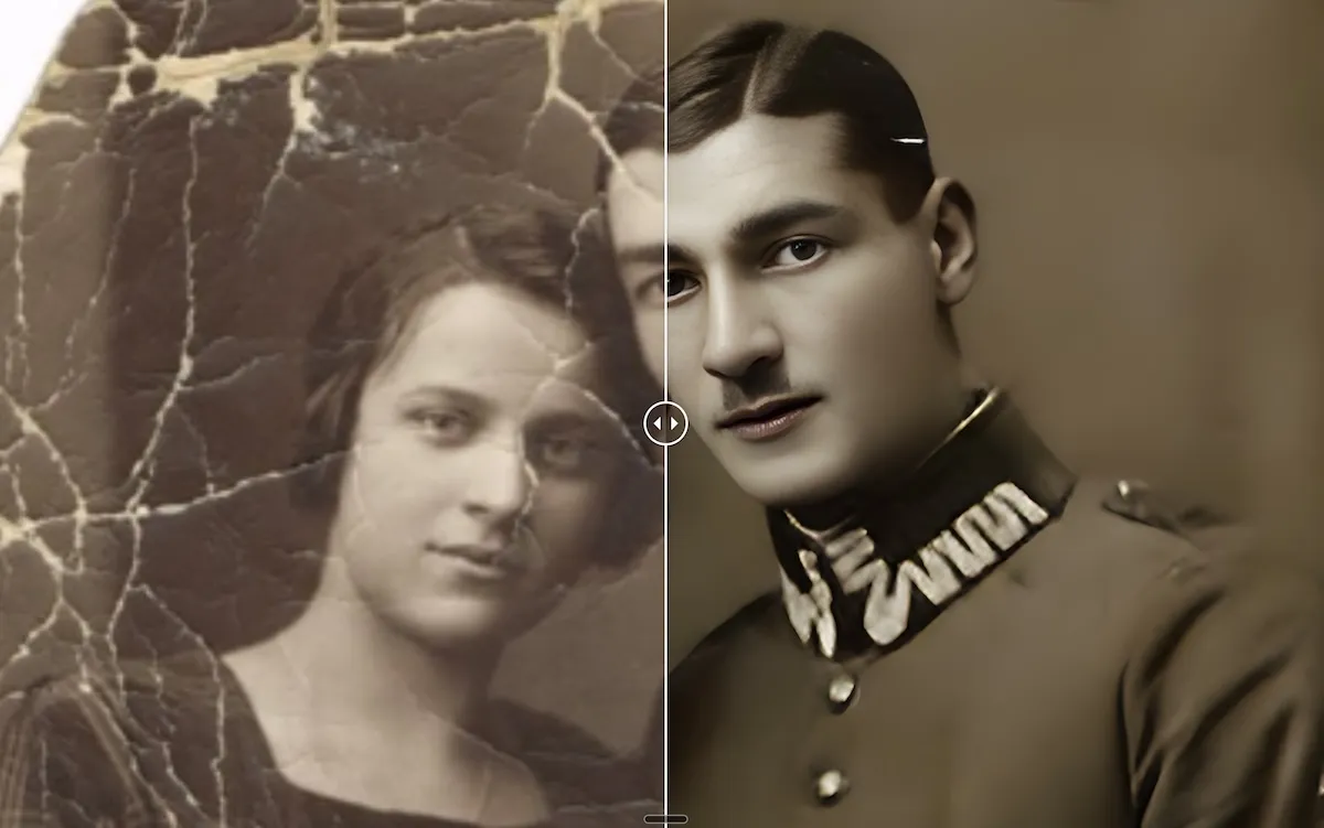 AI photo restoration removing scratches and cracks from an old damaged portrait